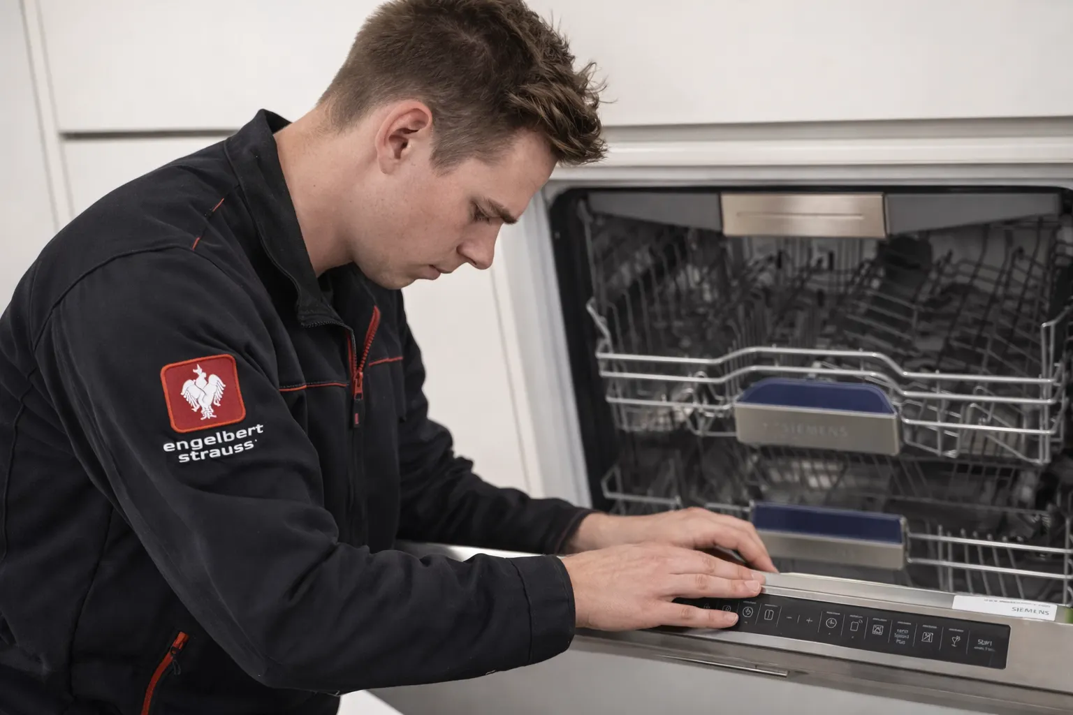 Techniker bei der Geschirrspüler Reparatur in Wien an einem geöffneten Einbaugerät