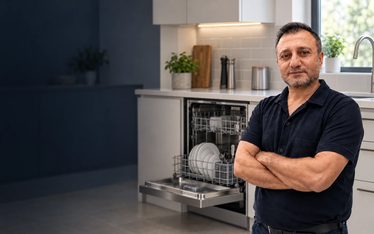 Rapid-Ansprechpartner vor einer Küche mit geöffnetem Geschirrspüler